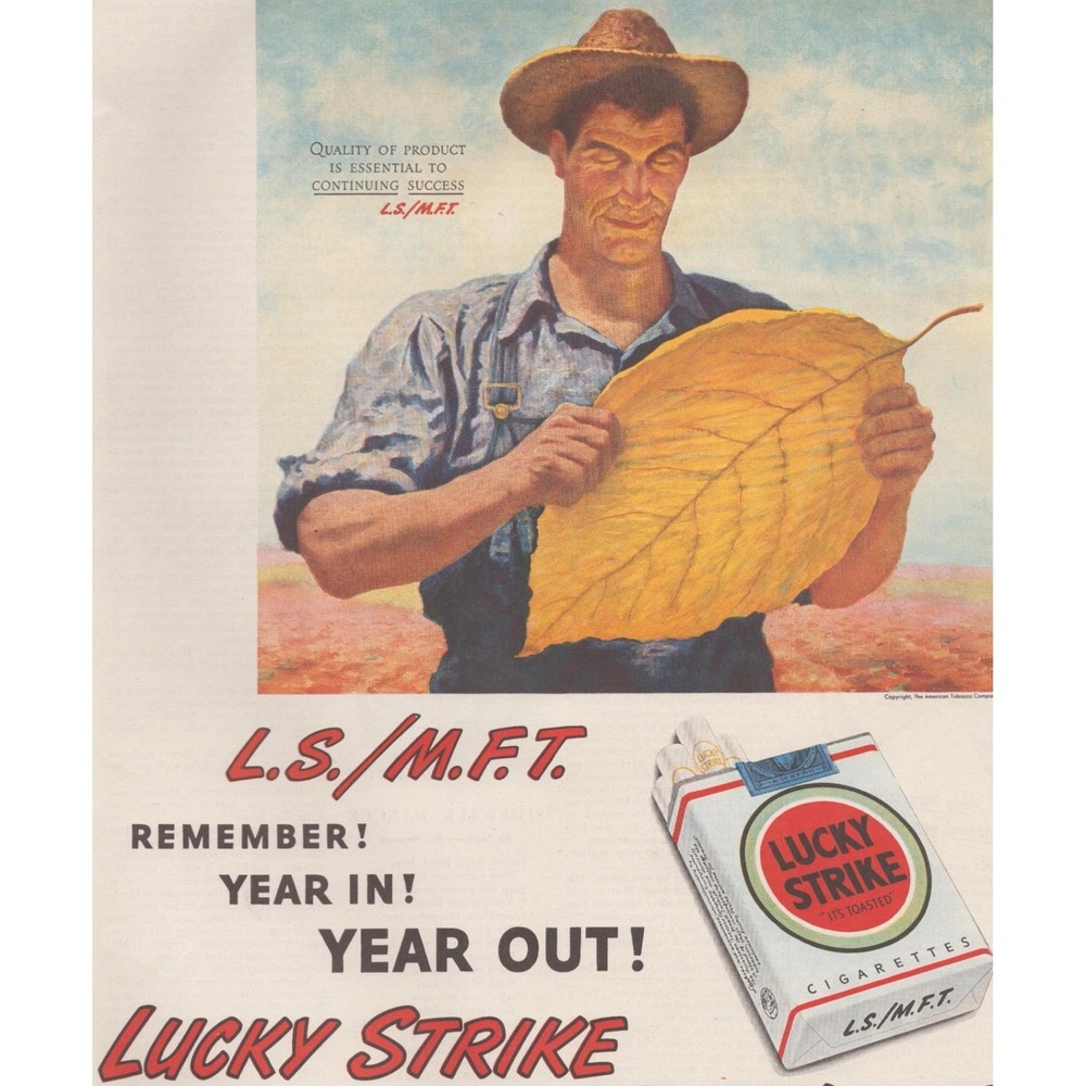 Vintage 1947 Lucky Strike Print Ad Tobacco Farmer Giant Leaf Cigarette Decor